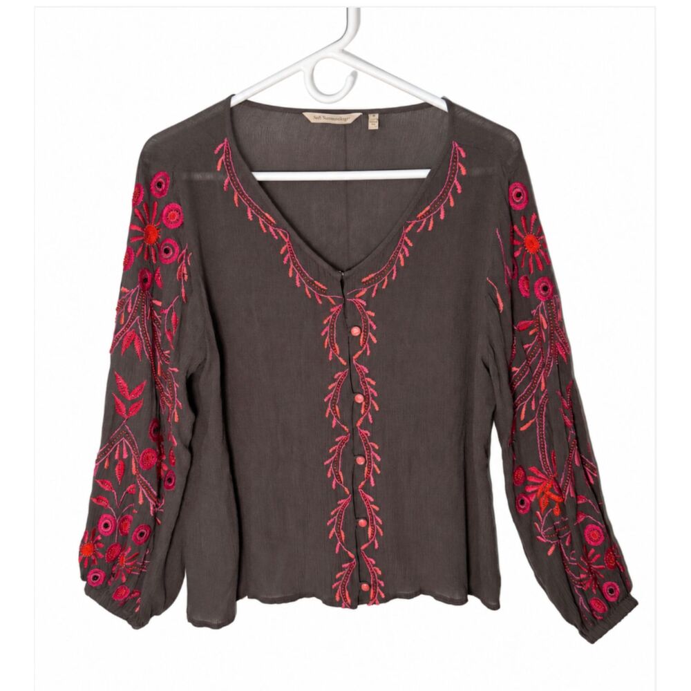 Soft Surroundings Sz M Embroidered Crinkle Gauze Boho Beaded Blouse Brown/Pink